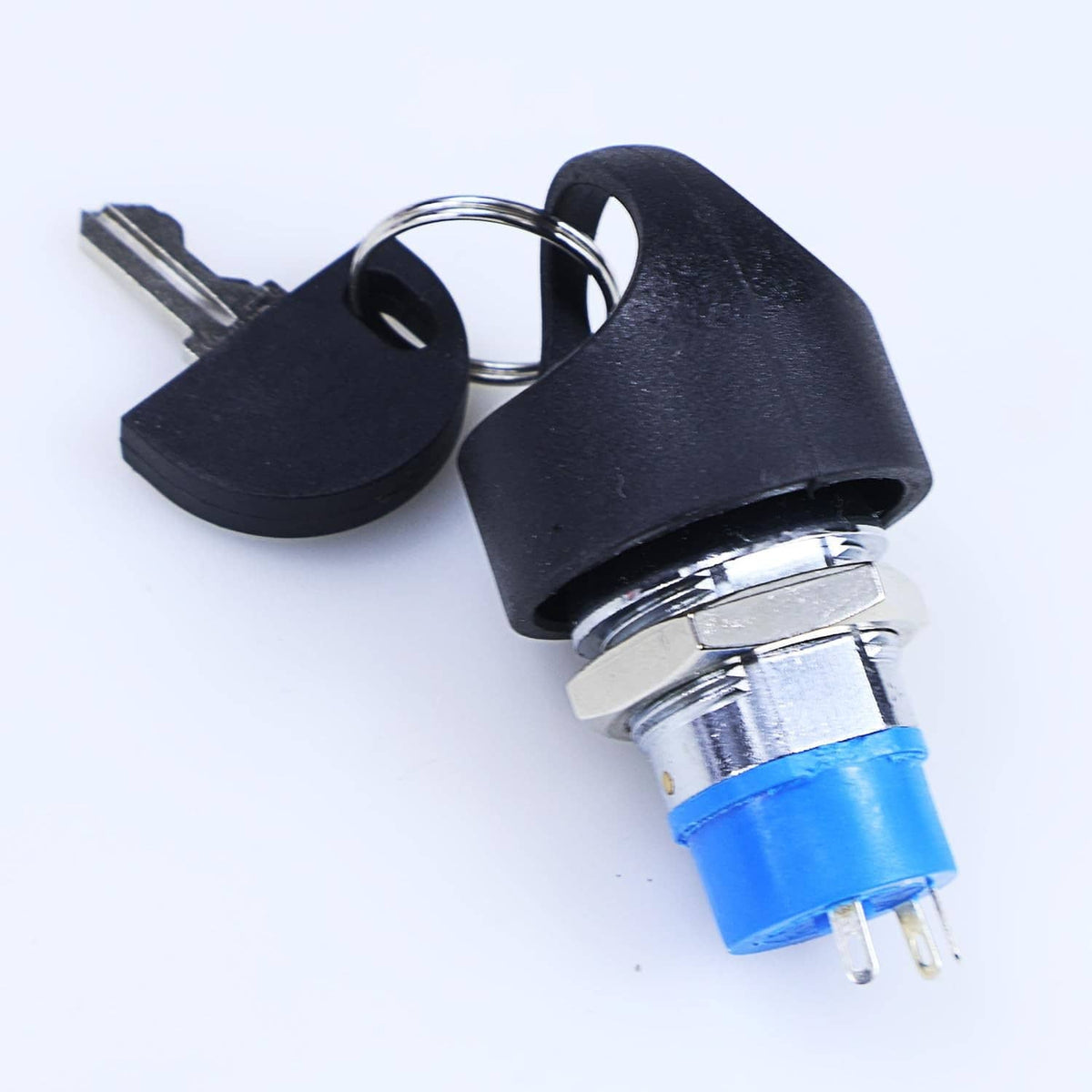 Ignition starter key switch with blue terminal and two metal keys on key ring