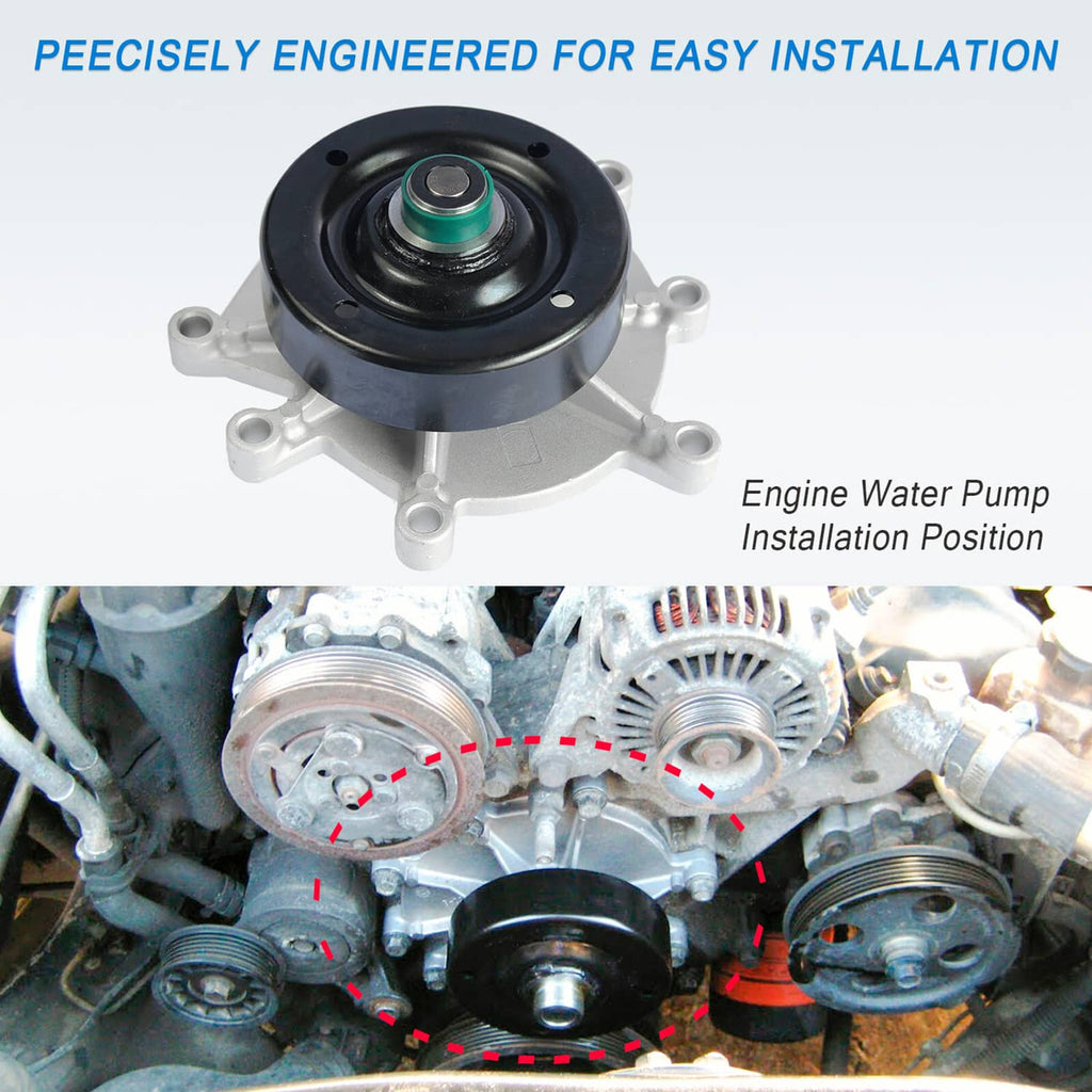 Engine-mounted water pump assembly with black pulley and green-sealed center on engine