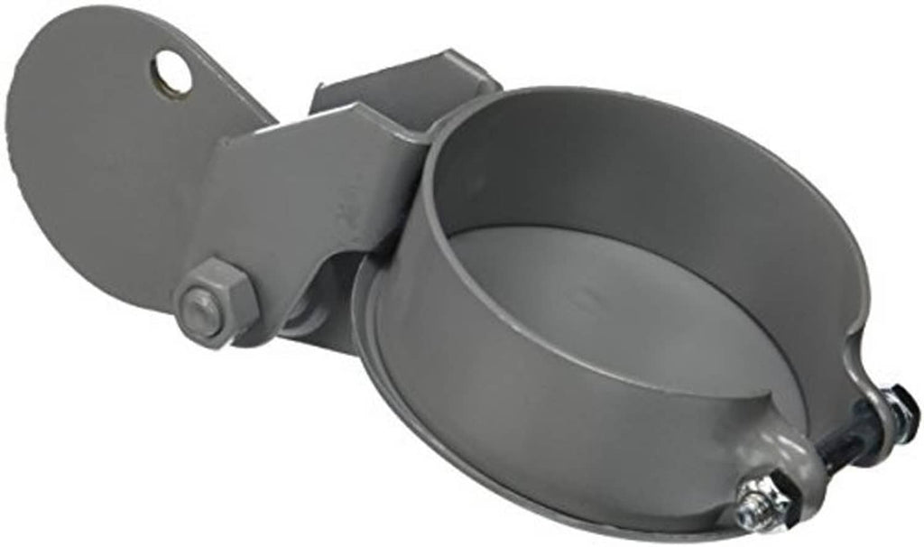 Gray exhaust pipe rain cap underside with round bracket and clamp bolt