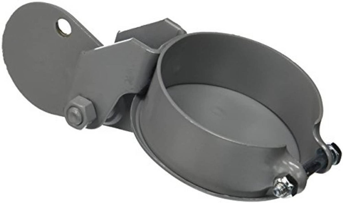 Gray exhaust pipe rain cap underside with round bracket and clamp bolt