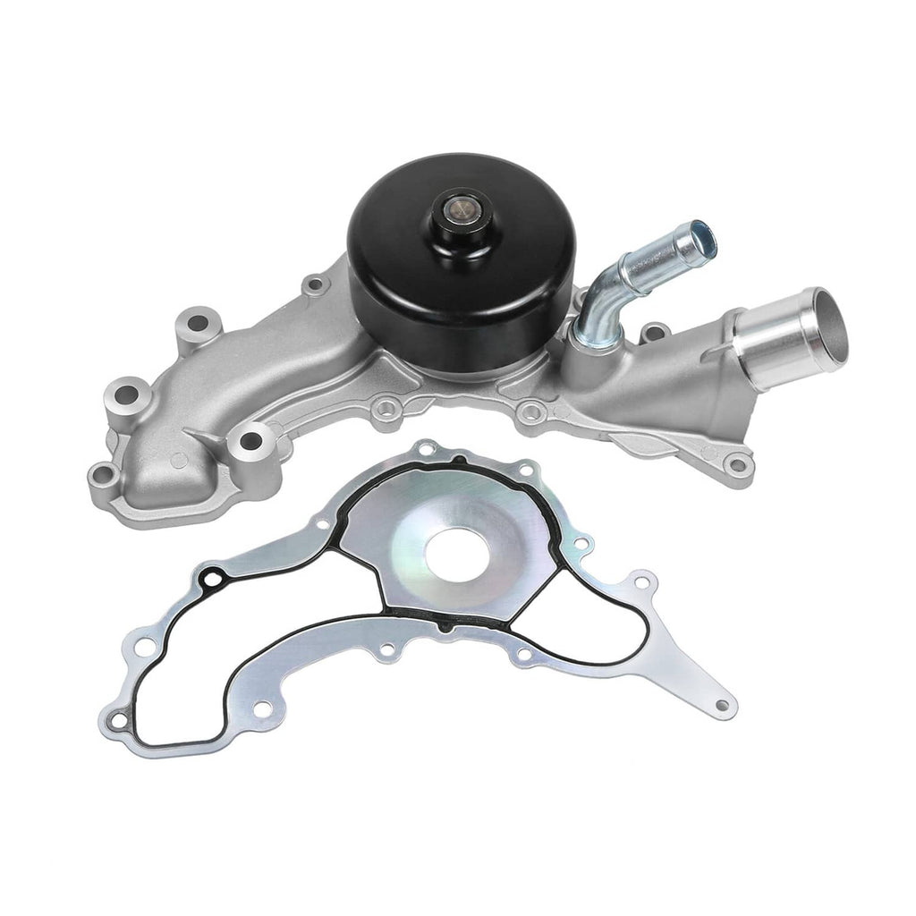 Water pump assembly with black pulley, silver housing, and gasket included