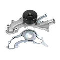 Water pump assembly with black pulley, silver housing, and gasket included