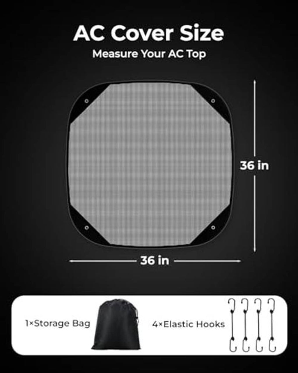 Black mesh AC unit cover, 36 x 36 in with circular top opening and hook corners