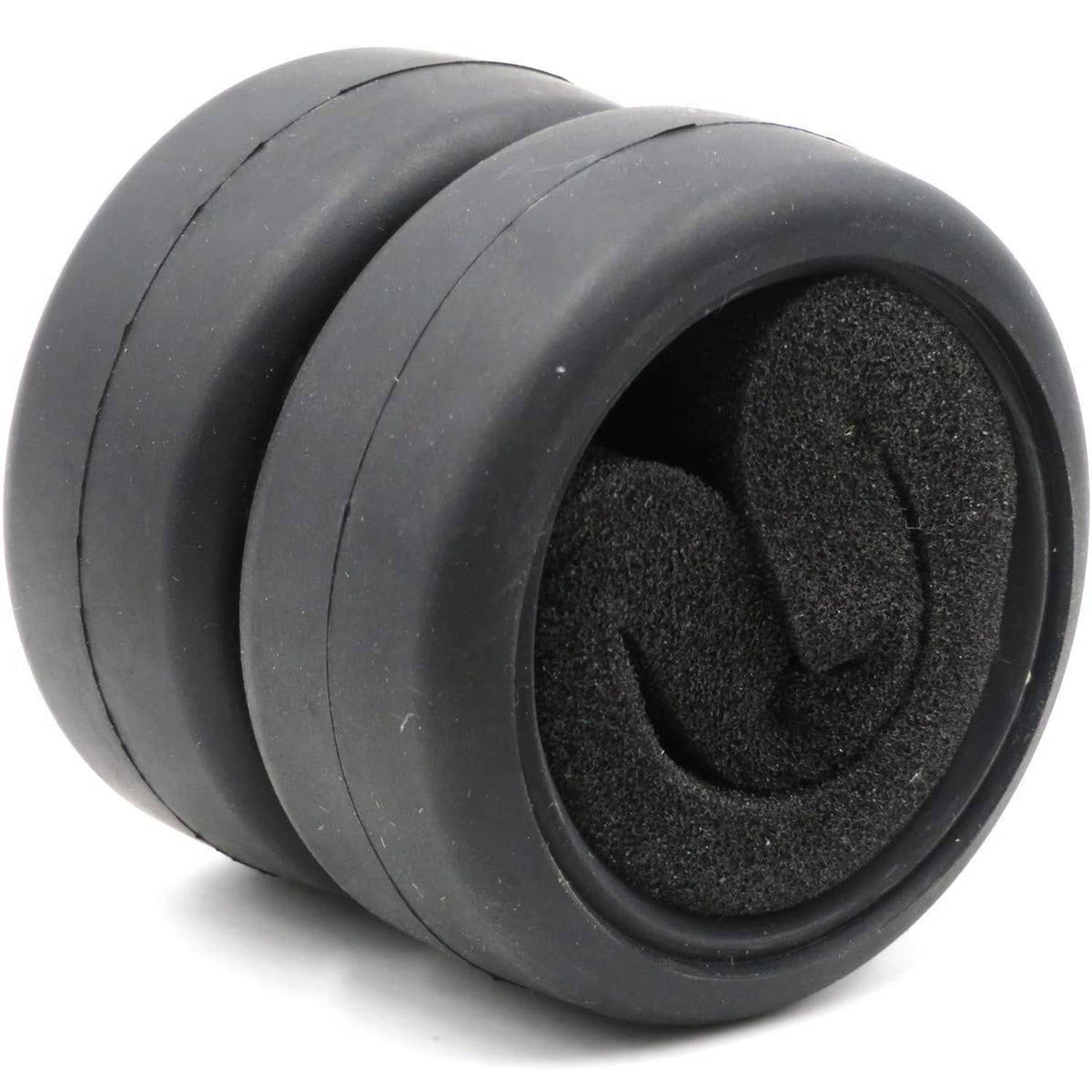 Pair of black RC on-road slick tires with foam inserts, angled close-up