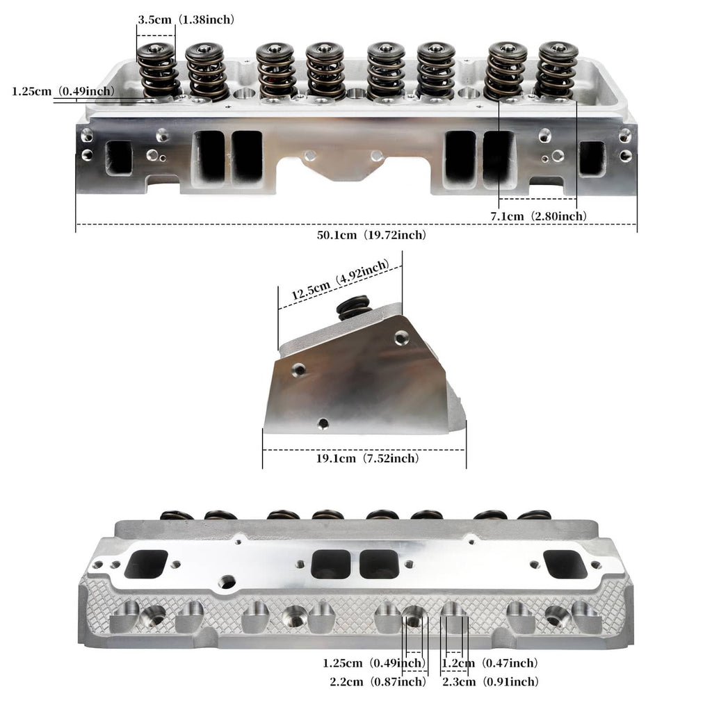 Aluminum cylinder head with valve springs and port openings, side profile with dimensions