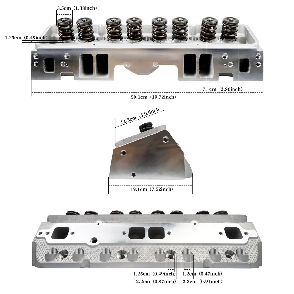 Aluminum cylinder head with valve springs and port openings, side profile with dimensions