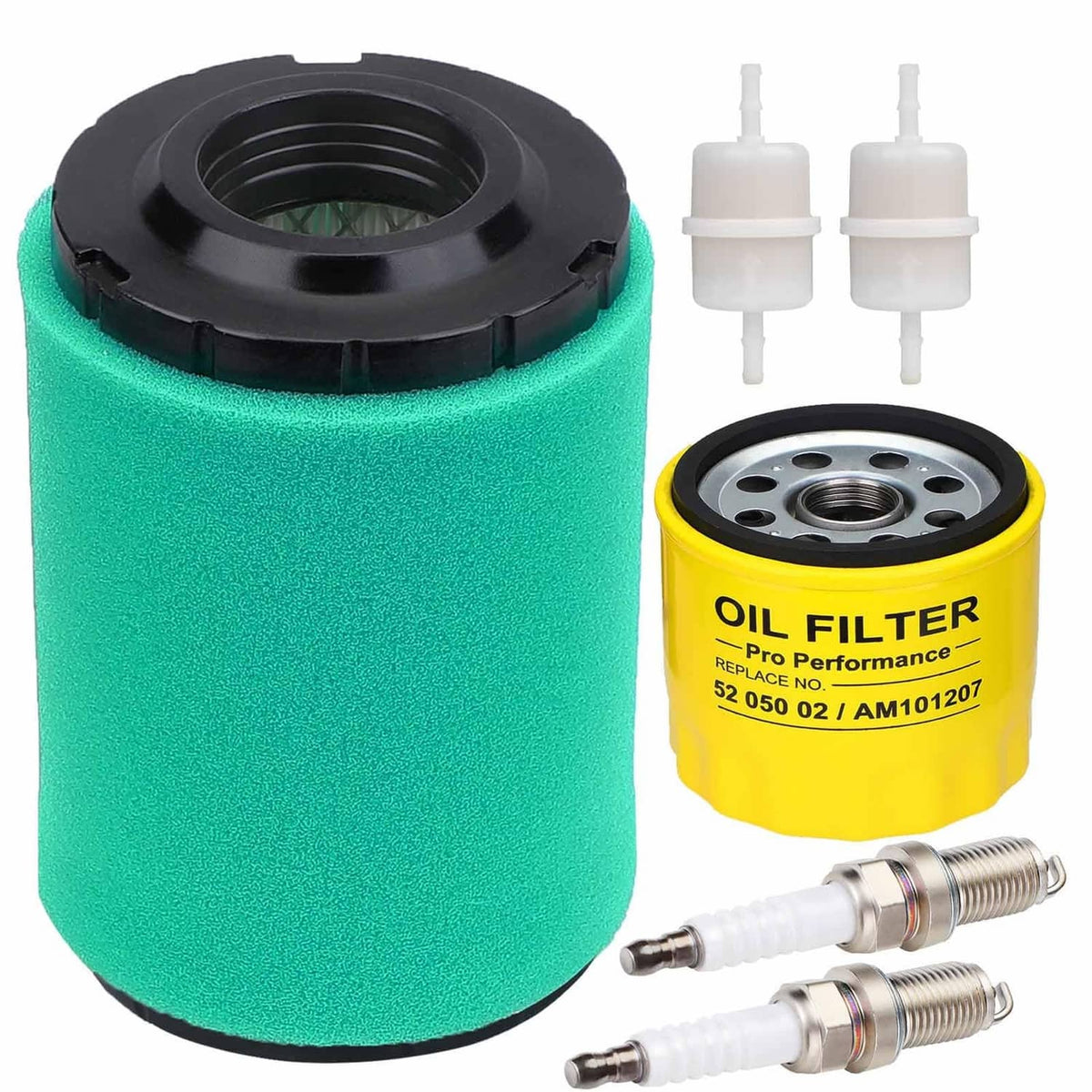 Green foam air filter with black cap, plus oil filter and two spark plugs
