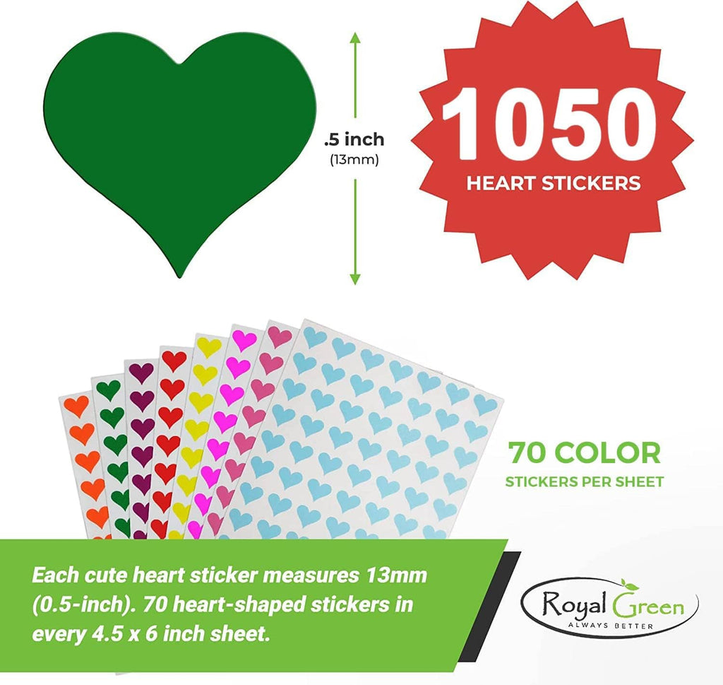 Heart sticker set infographic: 1050 heart stickers, 13 mm hearts, 70 colors