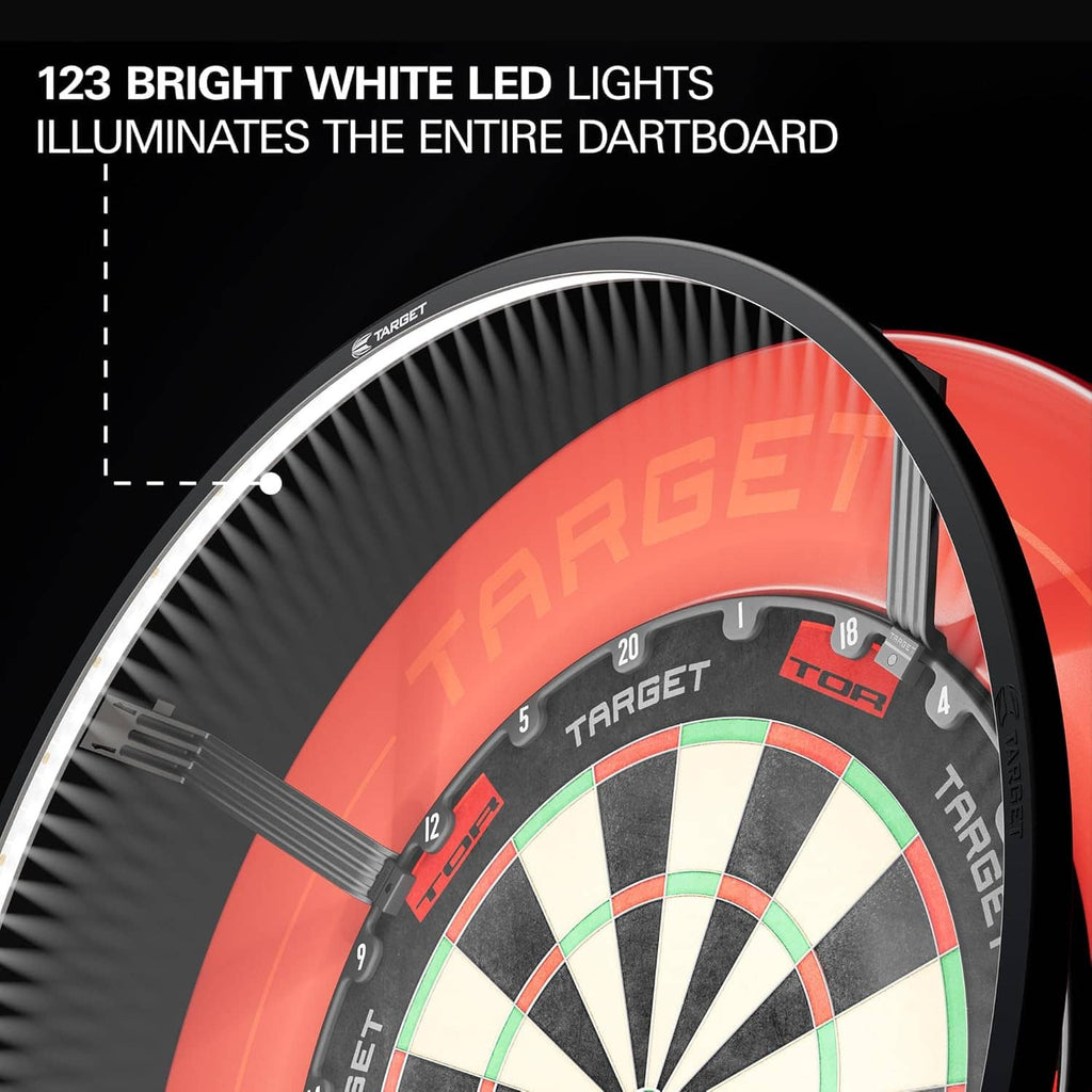 Dartboard lighting system showing bright white LED glow around a red Target dartboard