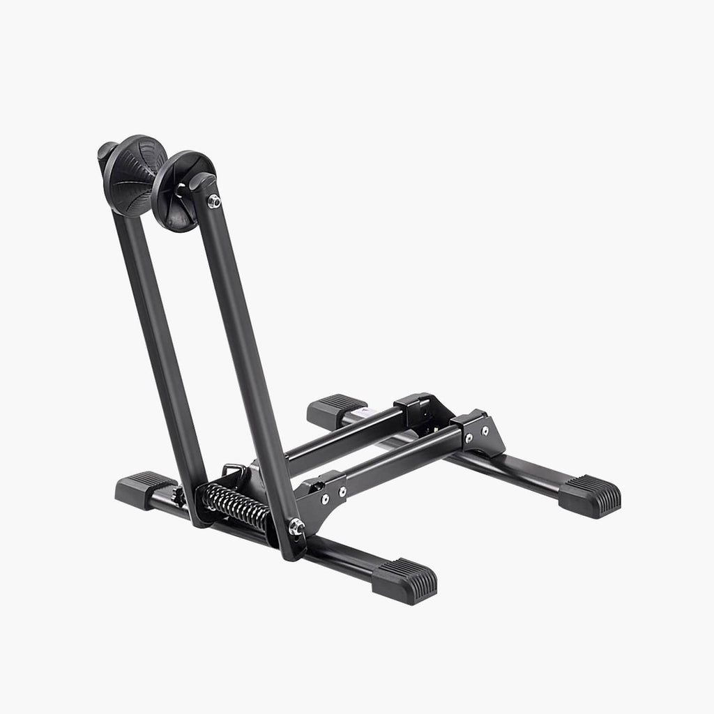 Collapsible bicycle stand base with two upright supports and wheel clamp, black