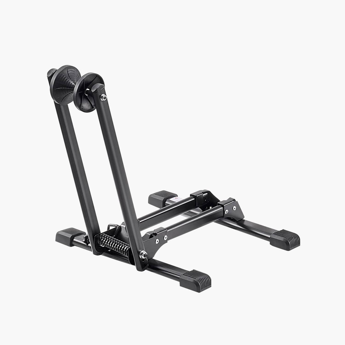 Collapsible bicycle stand base with two upright supports and wheel clamp, black