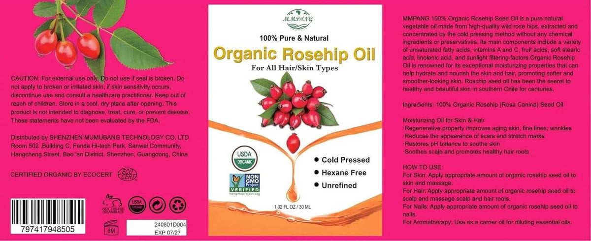 Back label of organic rosehip seed oil bottle with ingredient and directions text