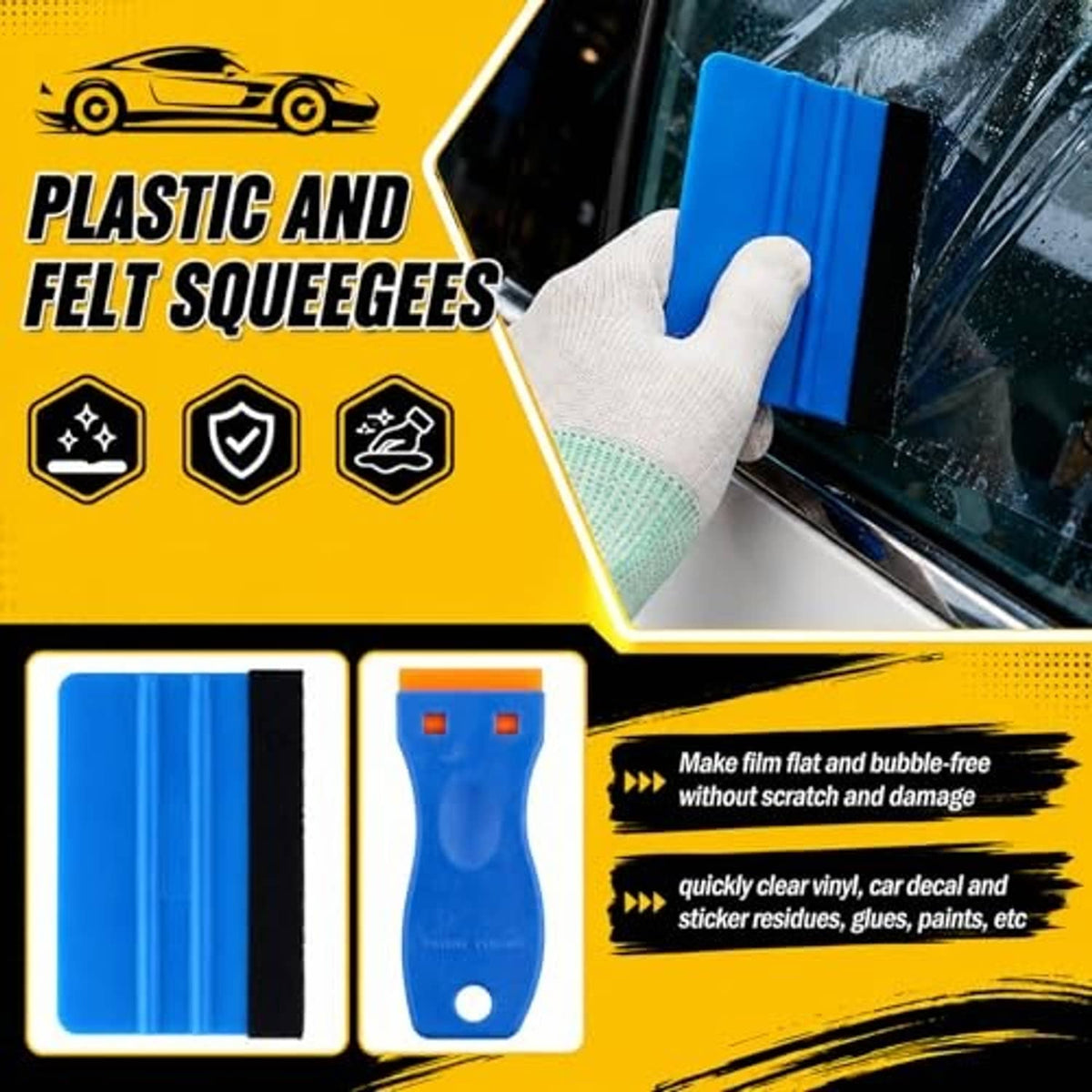Vinyl wrap squeegees with felt edges and white gloves for smooth, residue-free application