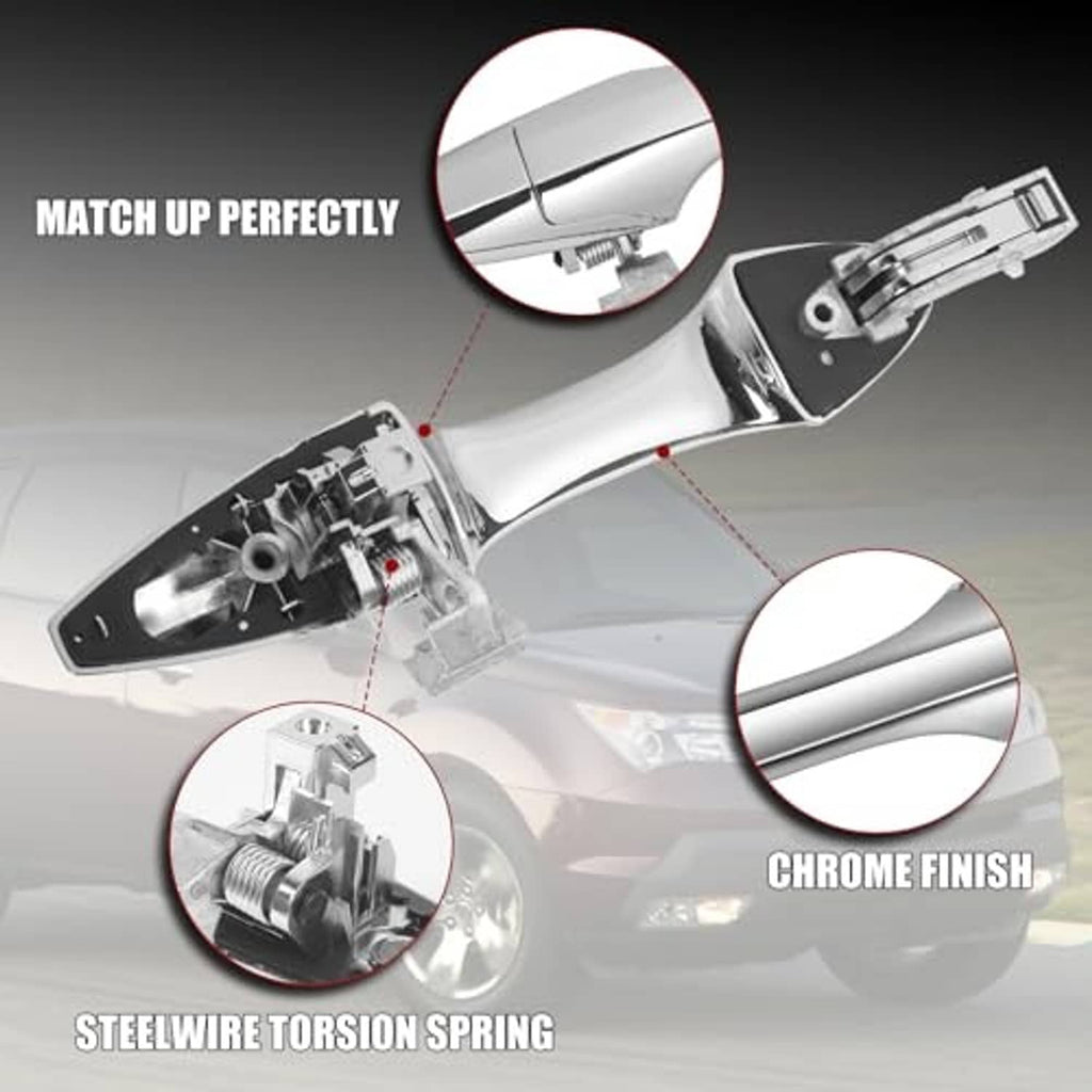 Chrome passenger door handle with internal components shown in an exploded view