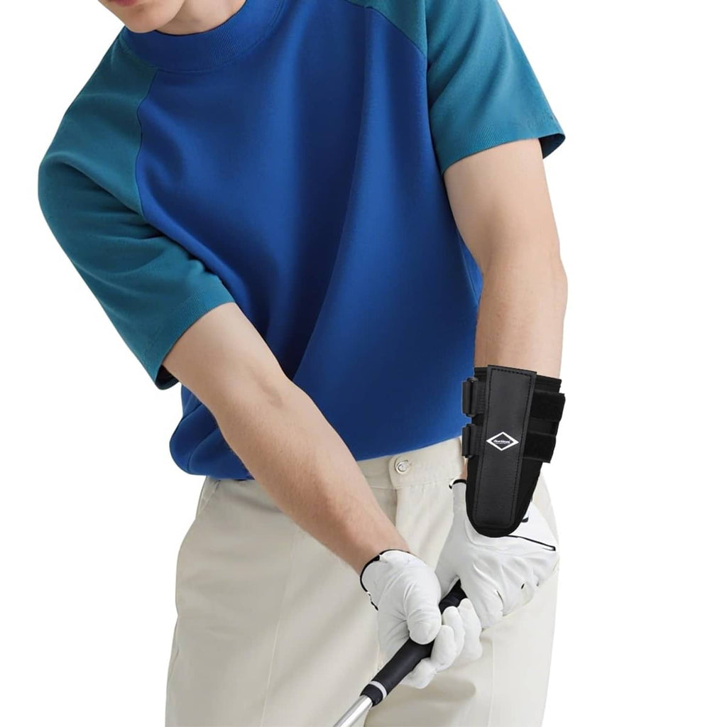 Black wrist brace with two straps and padded palm-side panel