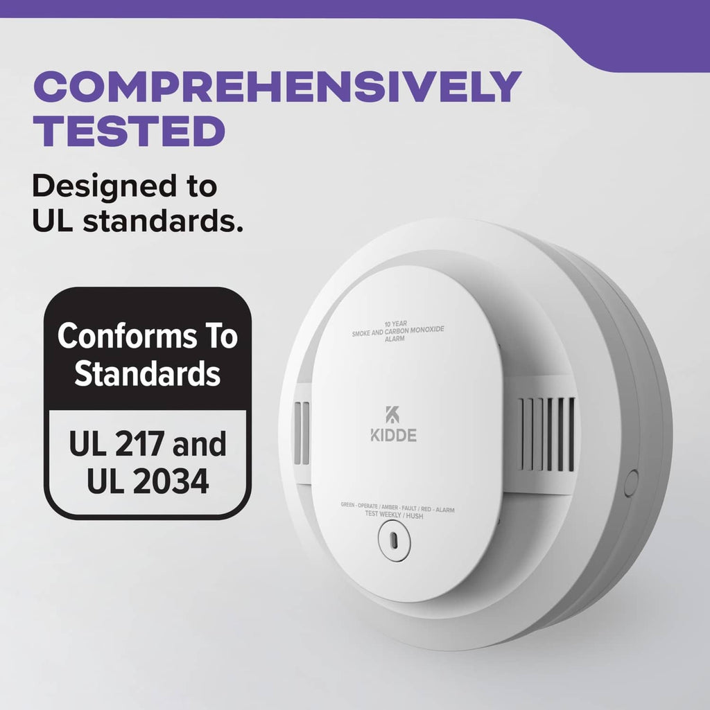 White Kidde smoke and carbon monoxide detector shown with UL standard compliance label
