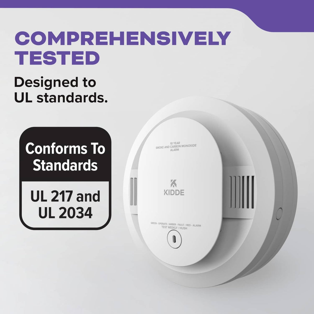 White Kidde smoke and carbon monoxide detector shown with UL standard compliance label