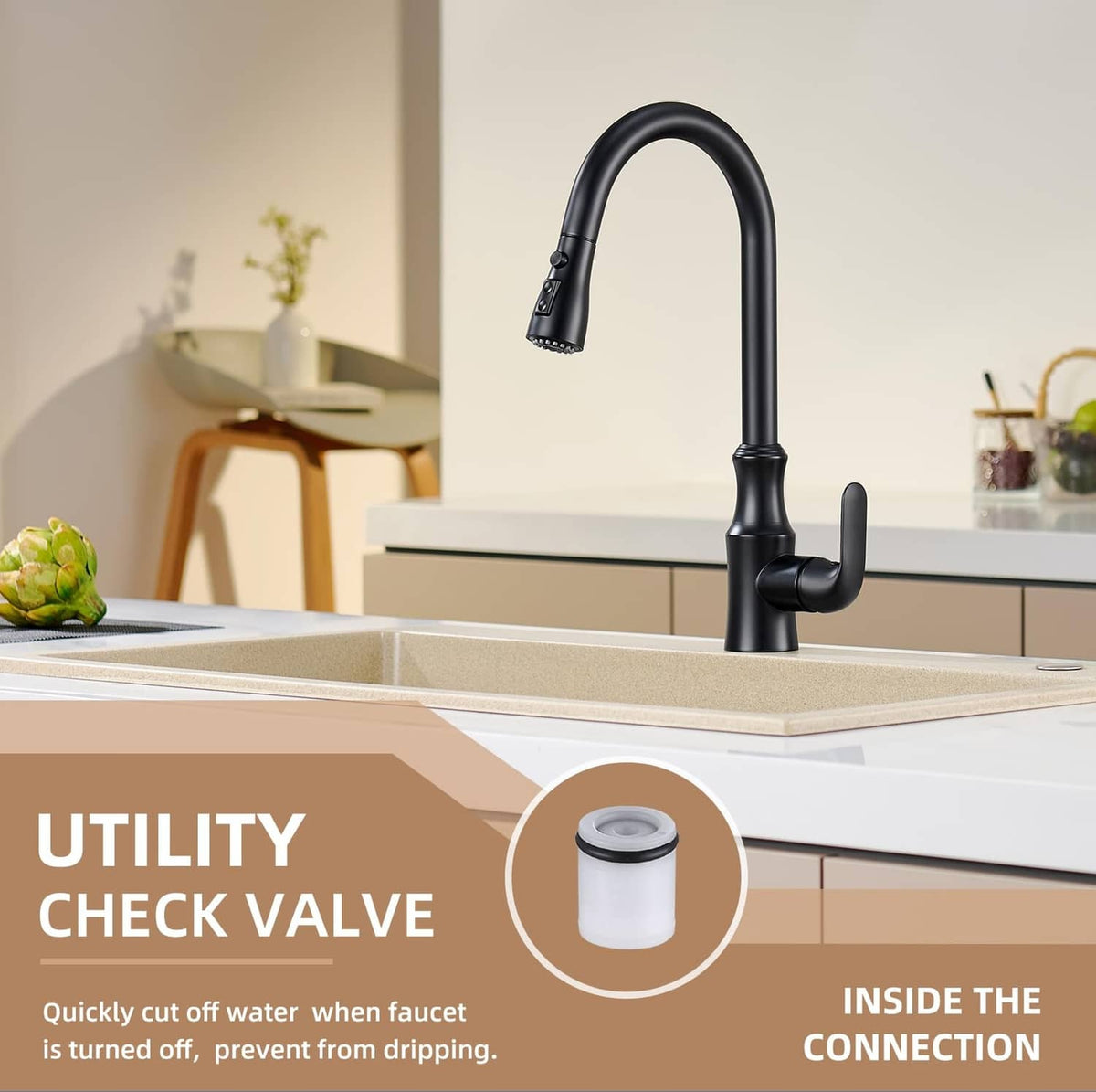 Matte black kitchen faucet with pull-down sprayer over sink