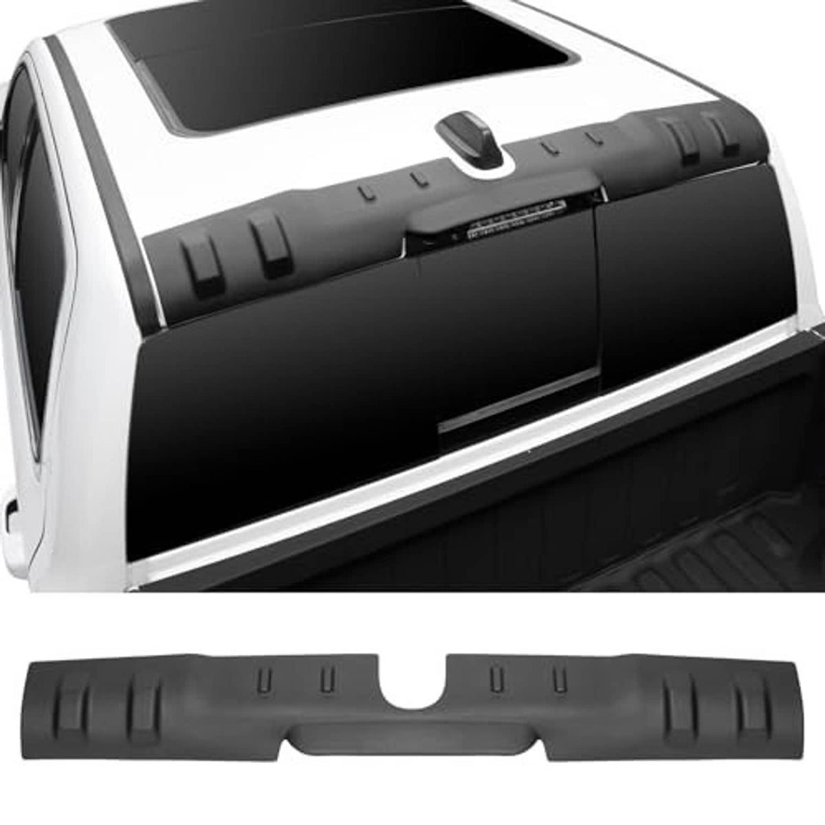 Black rear roof spoiler protector strip with center cutout and ribbed texture