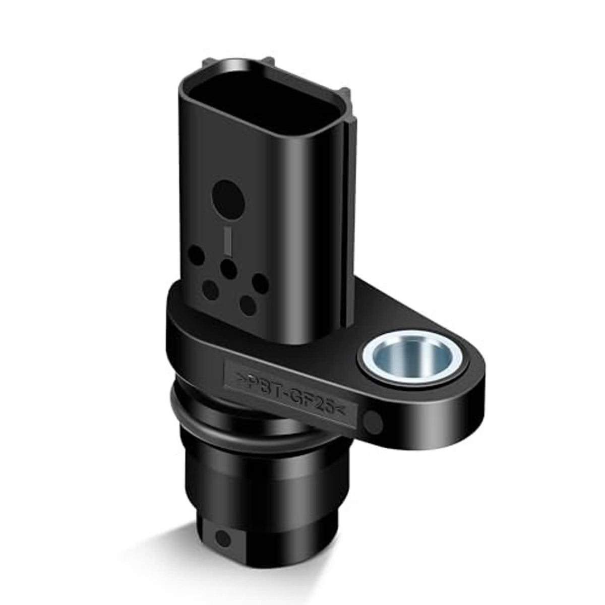 Black camshaft position sensor with silver mounting eyelet and side connector
