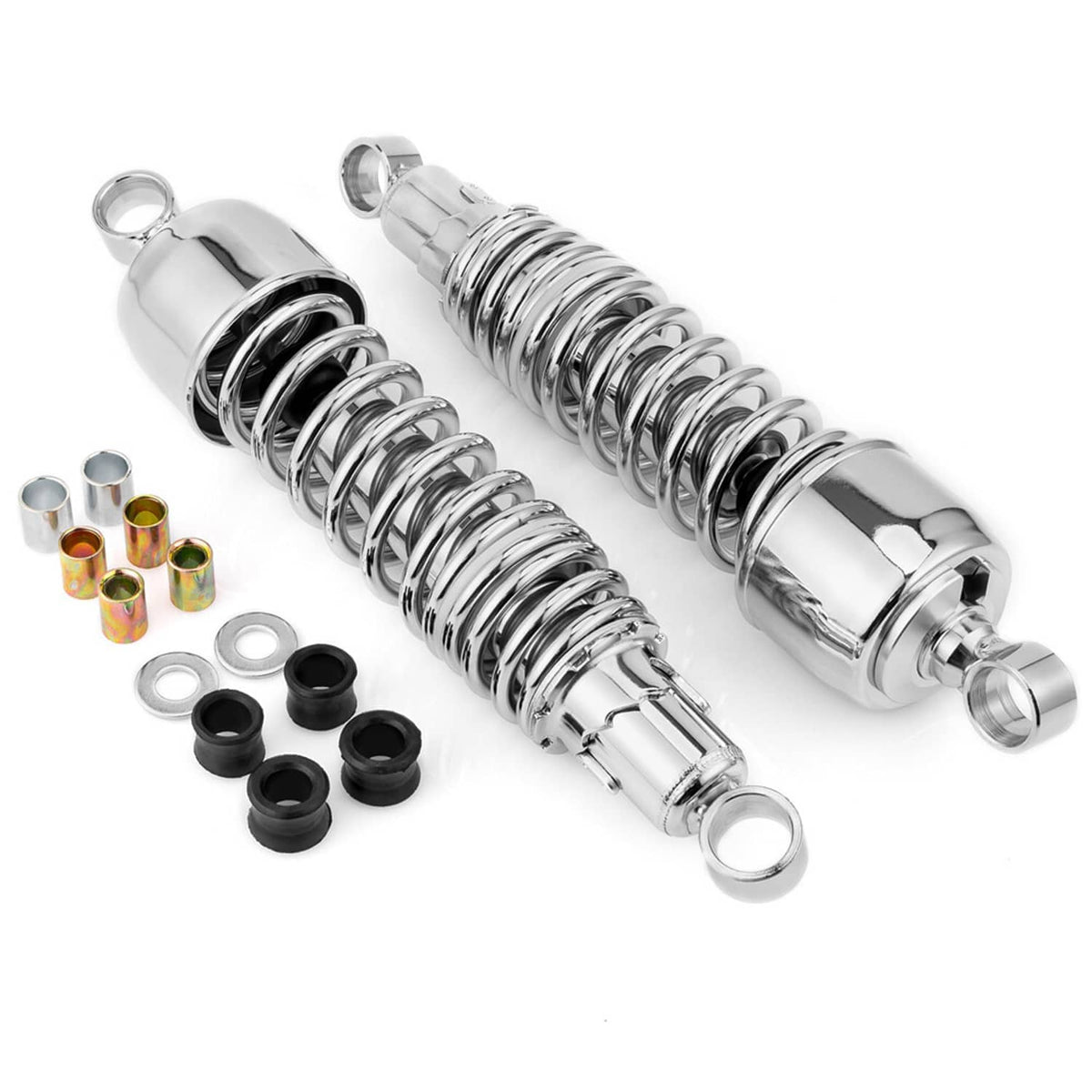 Chrome rear shock absorbers with coiled springs, caps, and rubber bushings