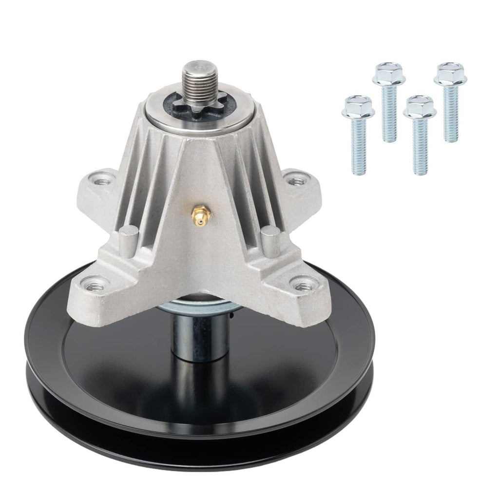 Deck spindle assembly with black pulley, silver housing, and chrome mounting screws