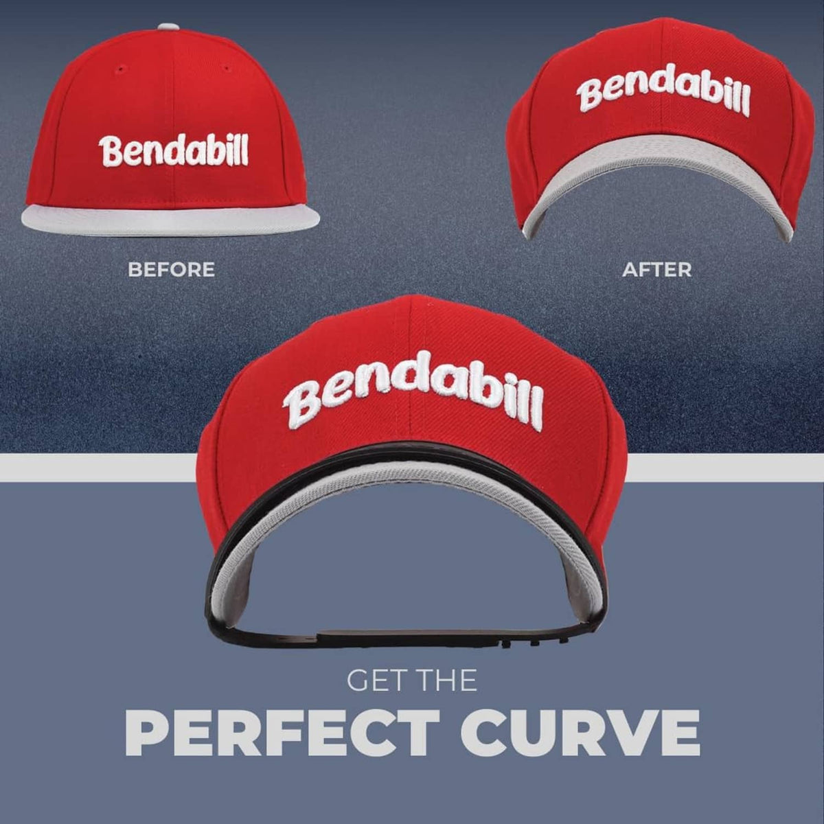 Red baseball cap with white Bendabill logo, curved brim shape with brim bender insert