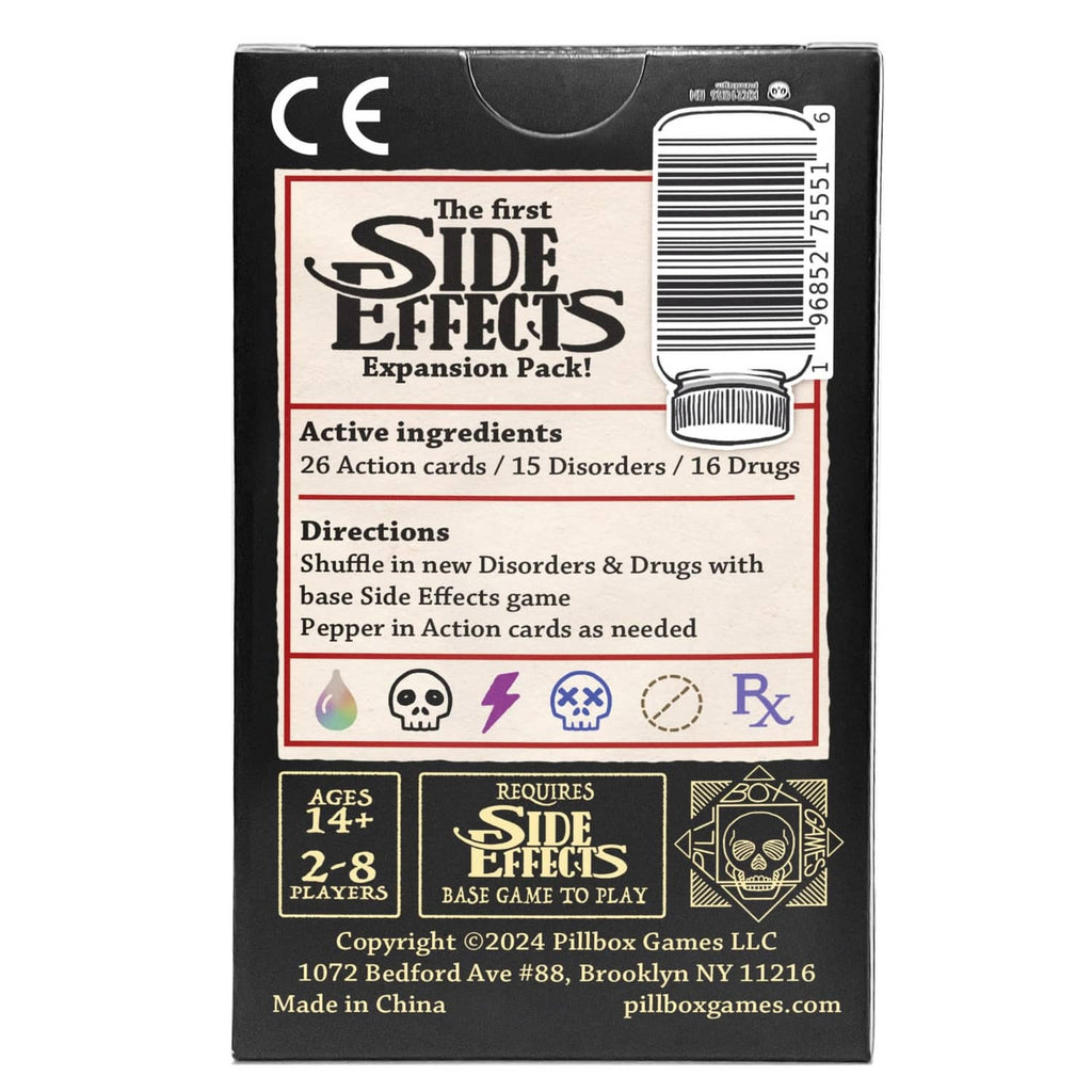 Side Effects booster shot expansion pack box back with barcode and directions