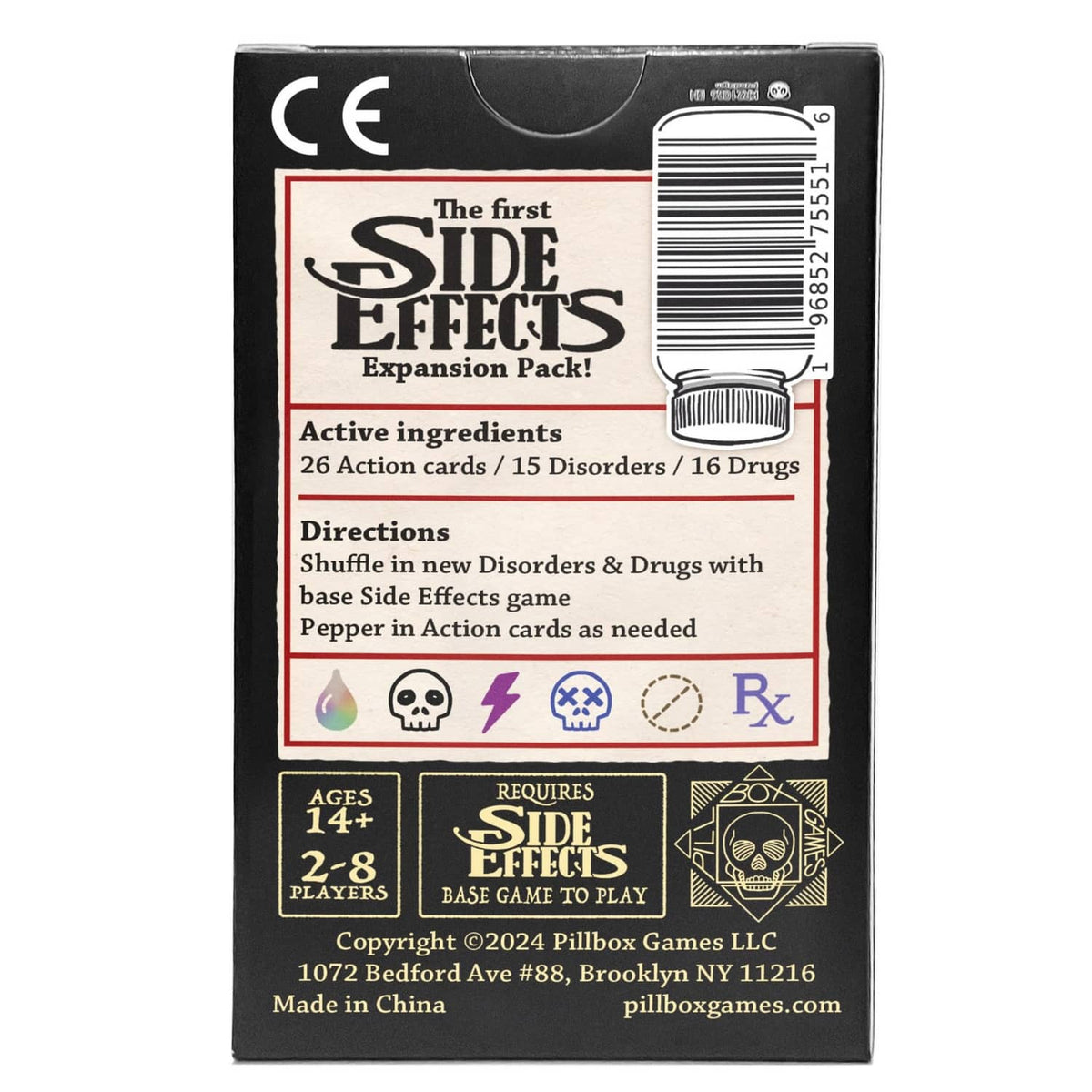 Side Effects booster shot expansion pack box back with barcode and directions