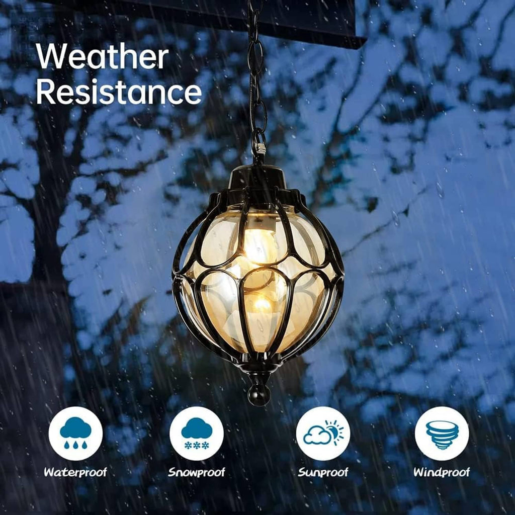 Black outdoor pendant light with round lantern glass shade and hanging chain