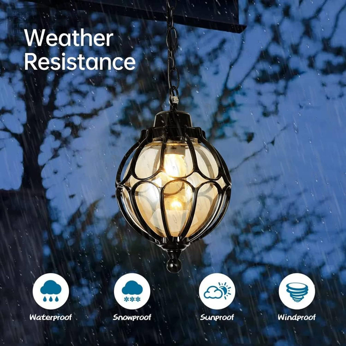 Black outdoor pendant light with round lantern glass shade and hanging chain