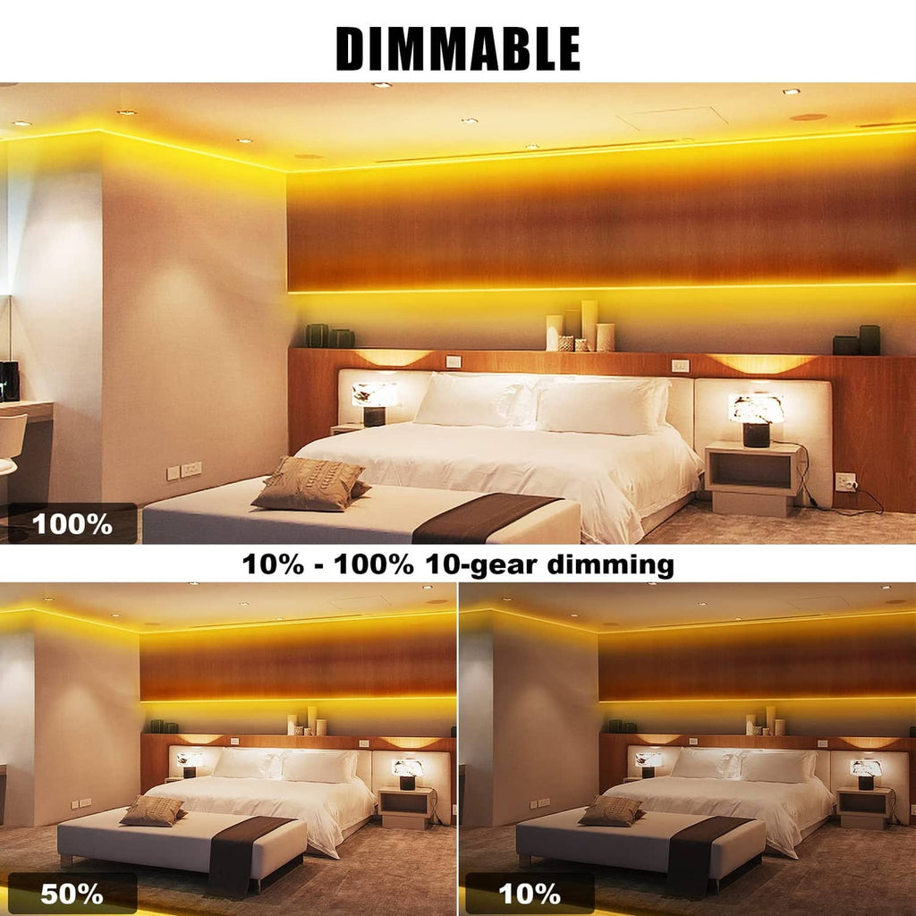 Dimmable warm COB LED strip lights showing multiple brightness levels in a bedroom