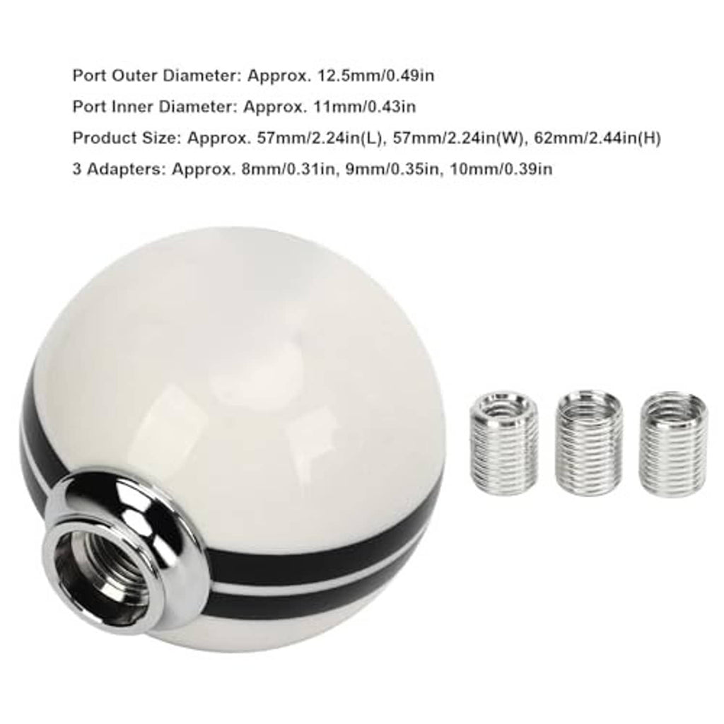 White shift knob with chrome base and black band, shown with three threaded inserts