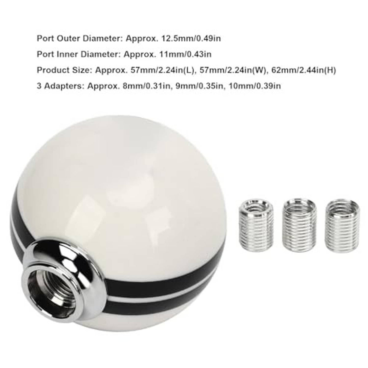 White shift knob with chrome base and black band, shown with three threaded inserts