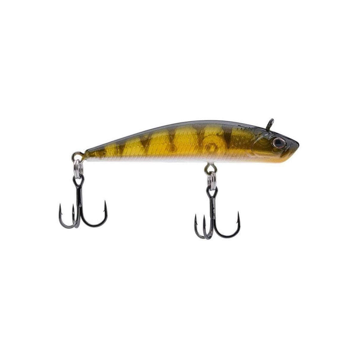 Gold/yellow fishing lure with two treble hooks and metal eyelets