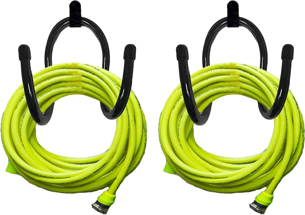 Black metal wall-mount hose hanger with two U-shaped hooks holding lime hose coils