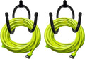 Black metal wall-mount hose hanger with two U-shaped hooks holding lime hose coils
