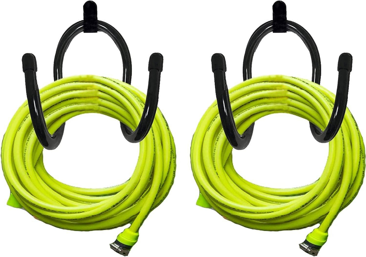 Black metal wall-mount hose hanger with two U-shaped hooks holding lime hose coils