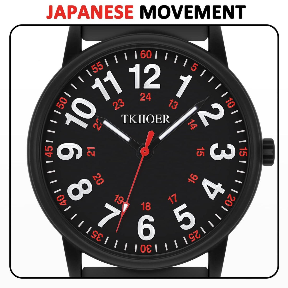 Black round watch face with large Arabic numerals and red accent hands