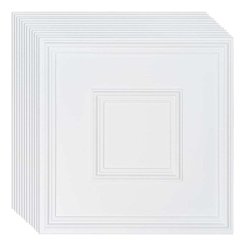 White PVC ceiling tiles, 24x24 in, square geometric recessed pattern (12-pack)