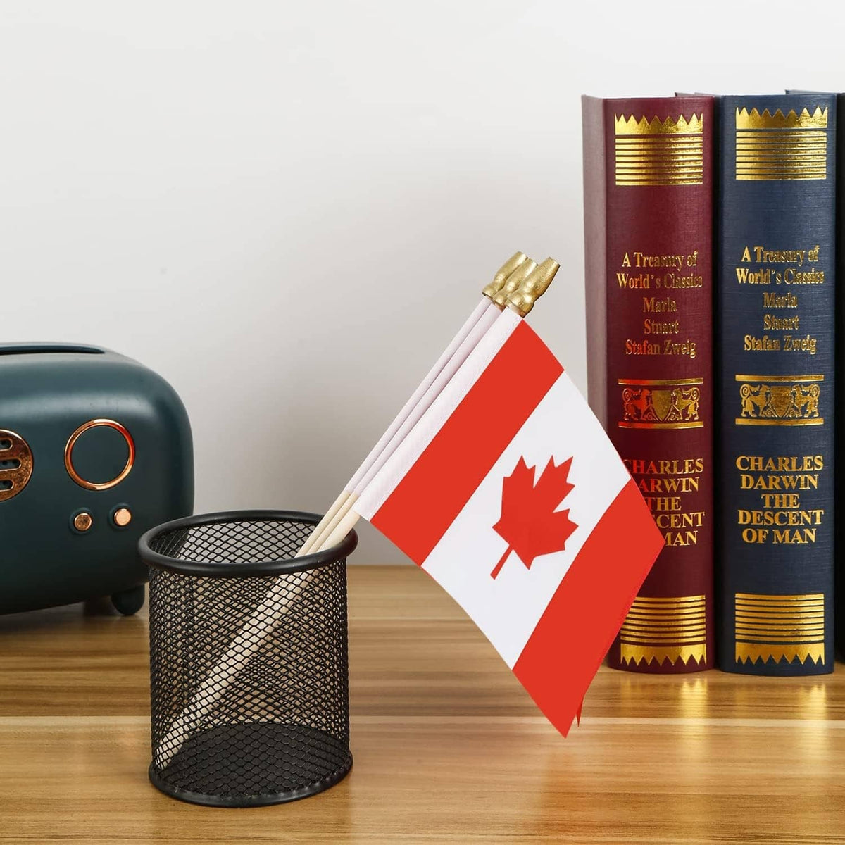 Canada mini stick flag on wooden pole, red-and-white maple leaf design