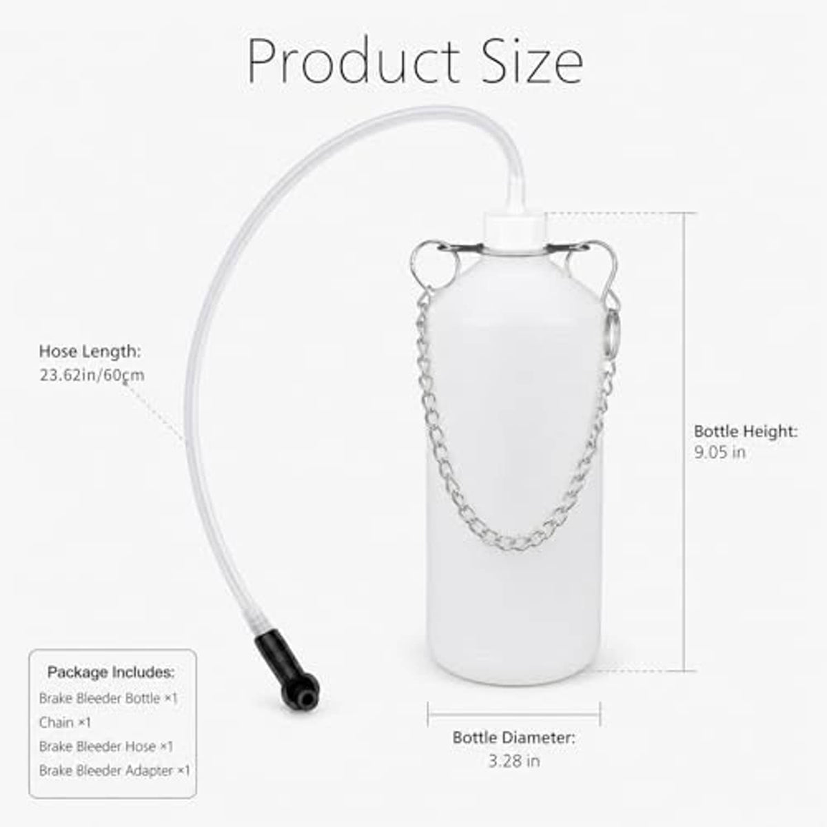 White brake bleeder bottle with clear hose loop, chain, and black adapter shown