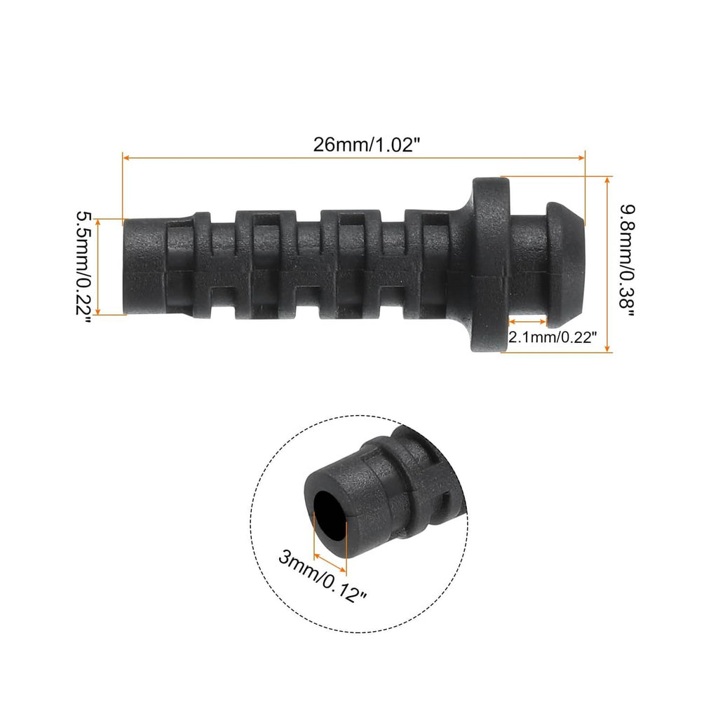 Black 3mm cable bushing sleeve connector with keyed openings and ridged grip