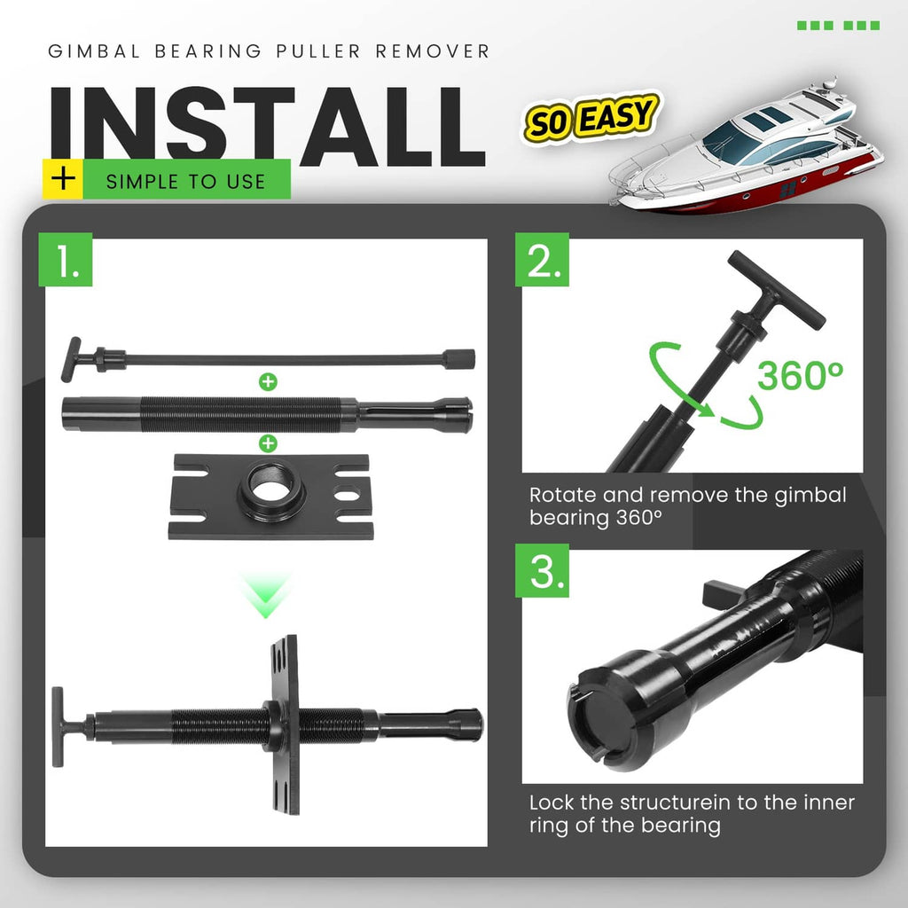 Gimbal bearing puller installation kit with black threaded puller, plate, and ring pieces