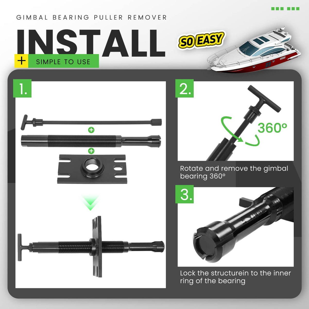 Gimbal bearing puller installation kit with black threaded puller, plate, and ring pieces