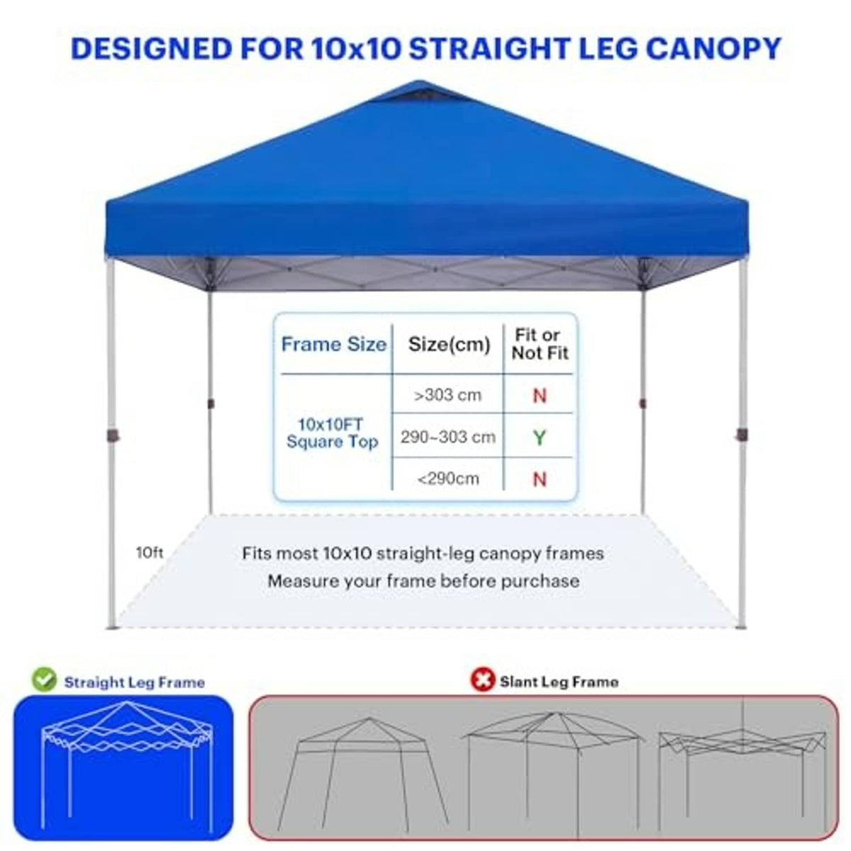 Blue 10x10 straight-leg canopy top cover displayed on a frame