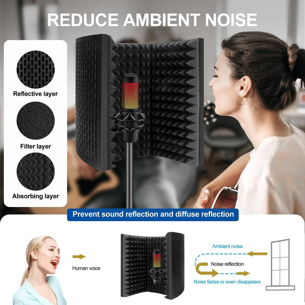 Black microphone isolation shield with acoustic foam layers to reduce ambient noise