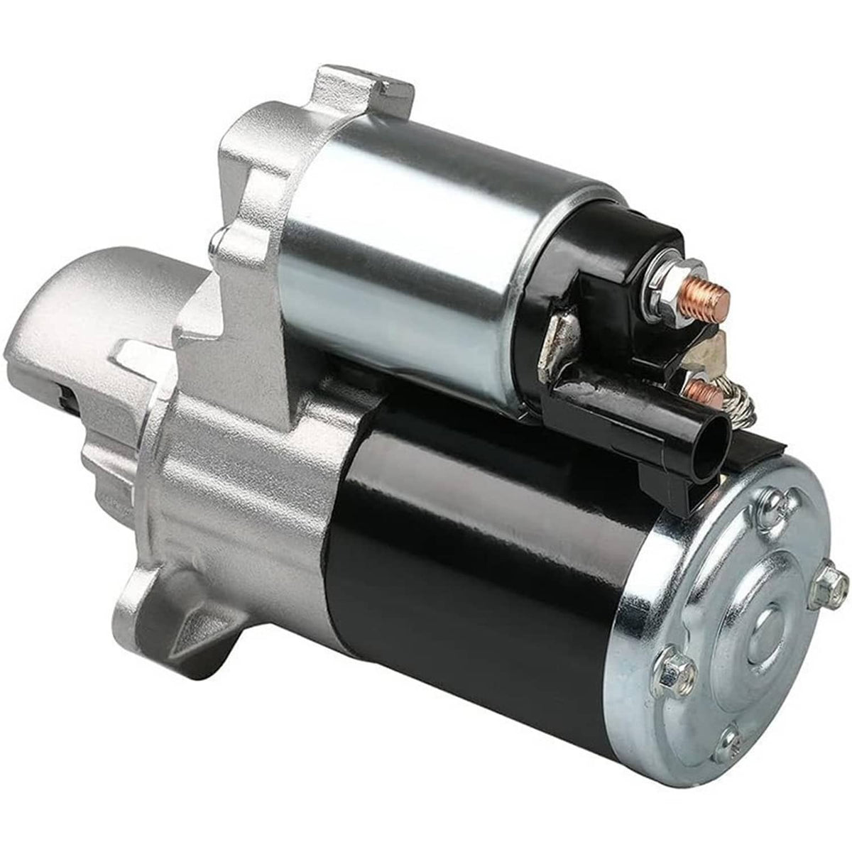 Starter motor with silver cylinder, black connector housing, and front mounting plate