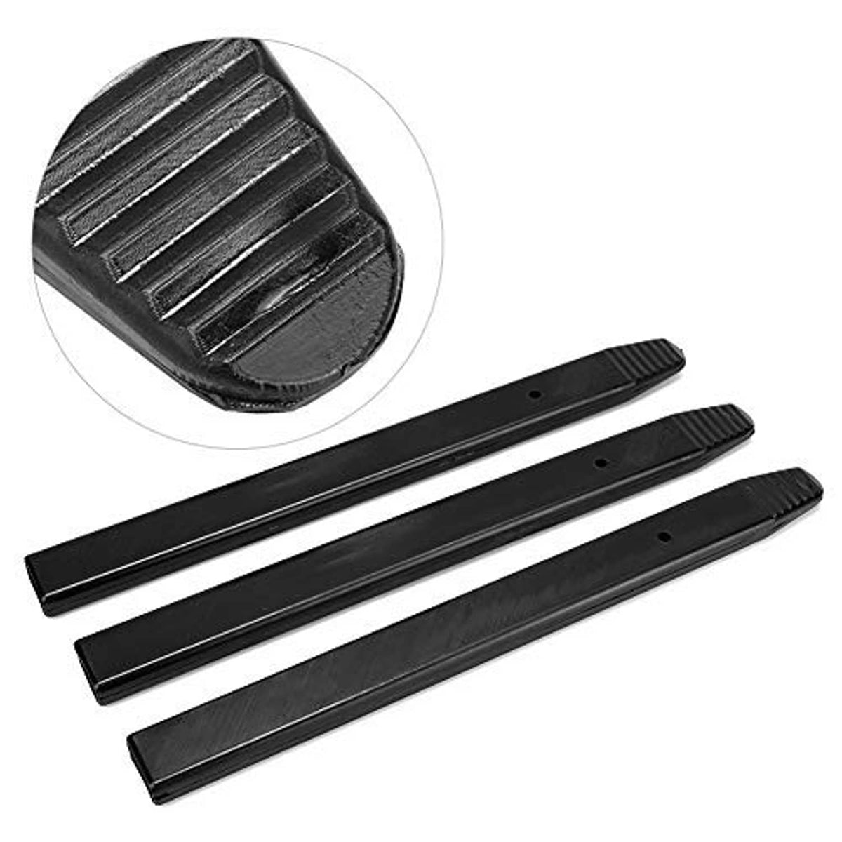 Black tire bead cover sleeve end detail with ridges and a mounting hole