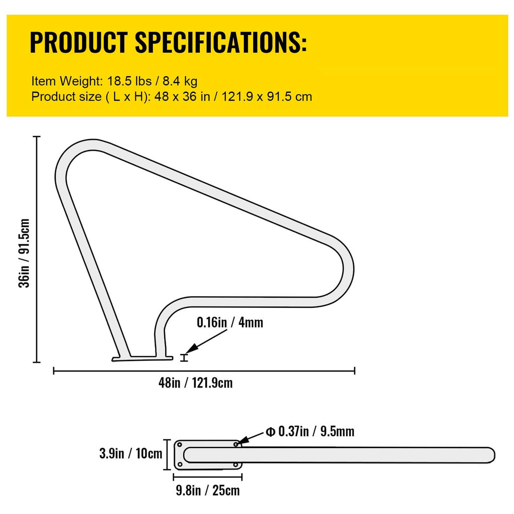 Pool handrail product diagram with curved grab bar and mounting foot